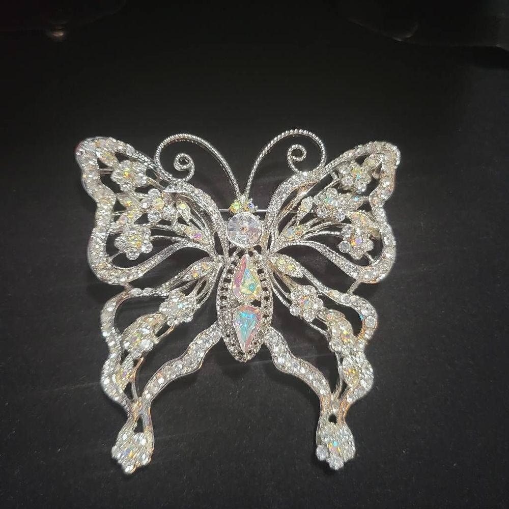 Vintage White AB crystal and silver butterfly brooch